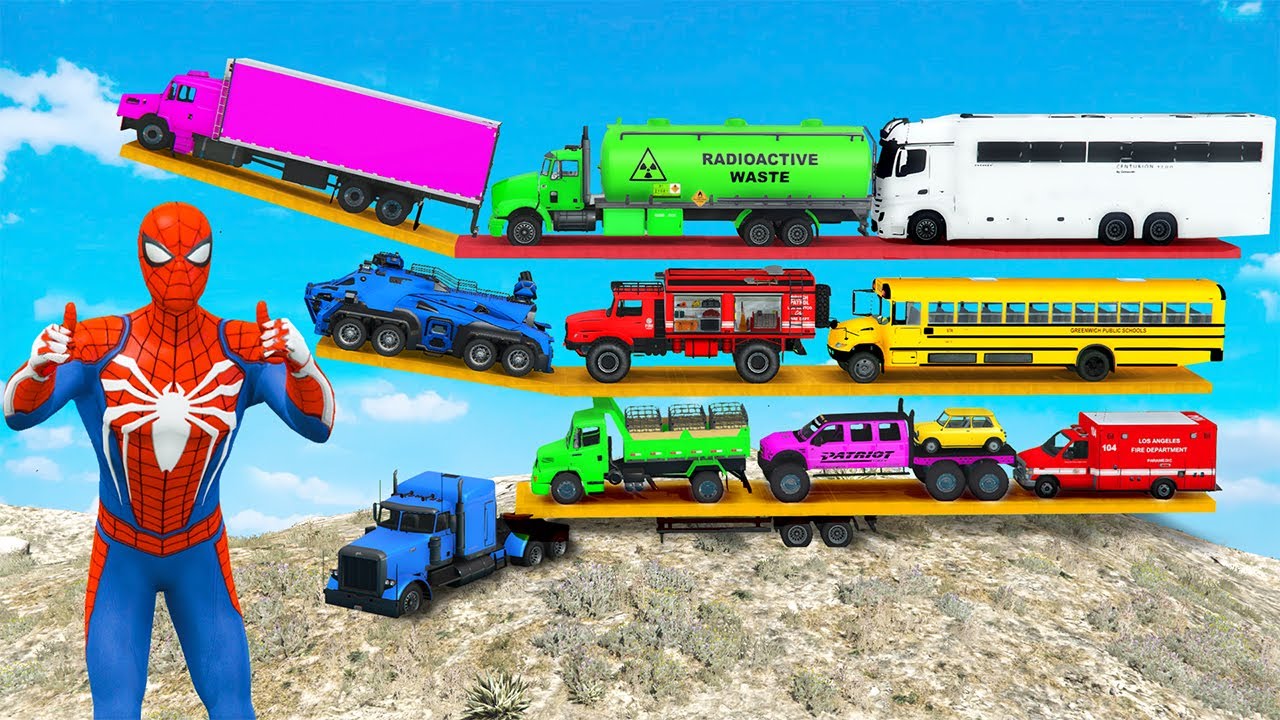 Gta V Spiderman Carrying Police Car Fuel Truck Ambulance Bus Ferrari Bugatti in Multi Floors Trailer