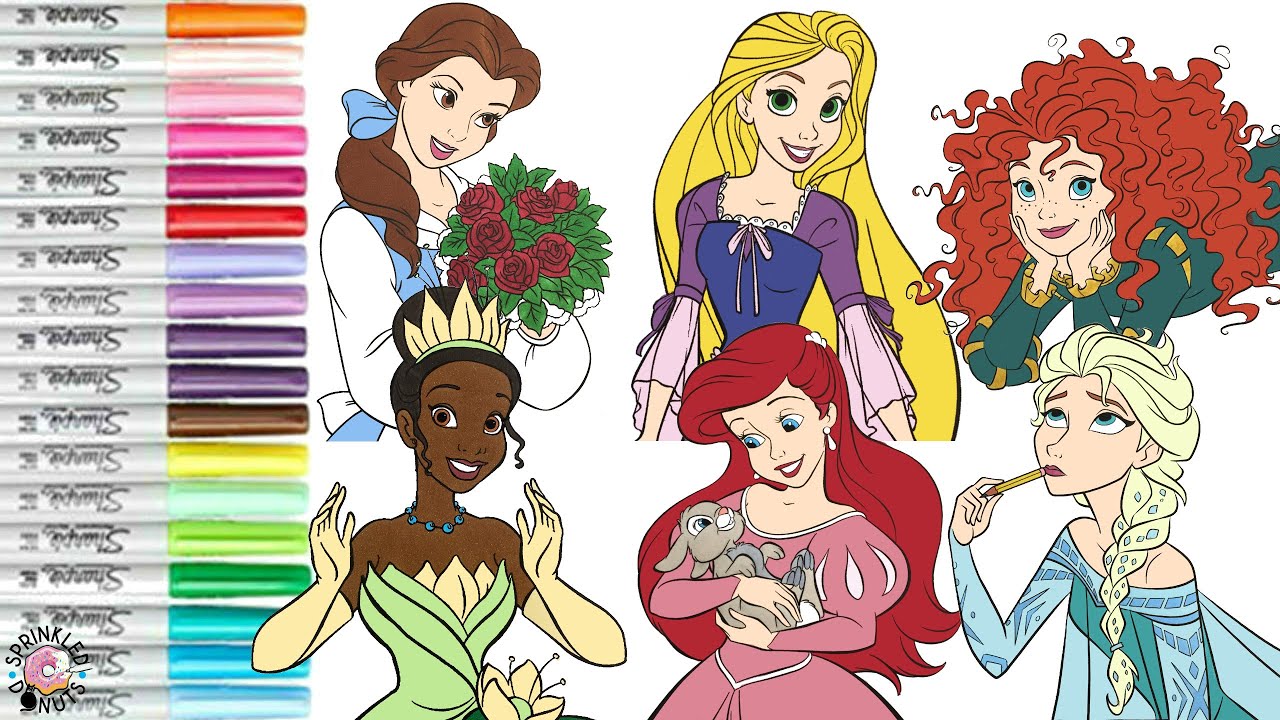 Disney Princess Coloring Book Compilation Rapunzel Elsa Merida Belle Tiana and Ariel