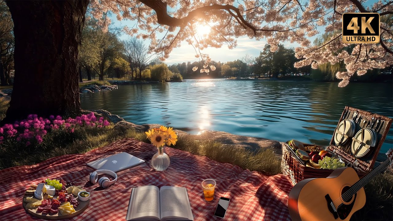 Lakeside Picnic Ambience with Summer Nature Sounds | 4K ☀️🧺🌻