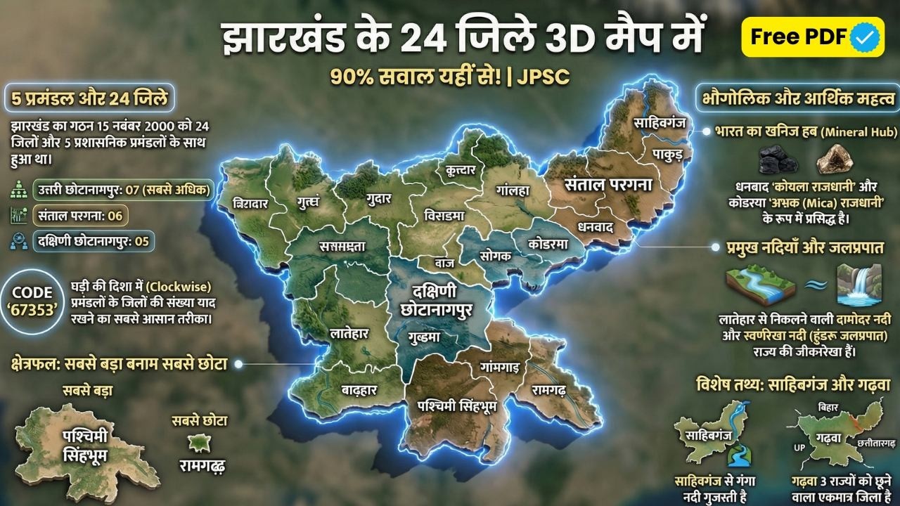 JPSC 2026 में 100% आने वाला सवाल | झारखंड के 24 जिले Map Trick | Jharkhand Districts Map