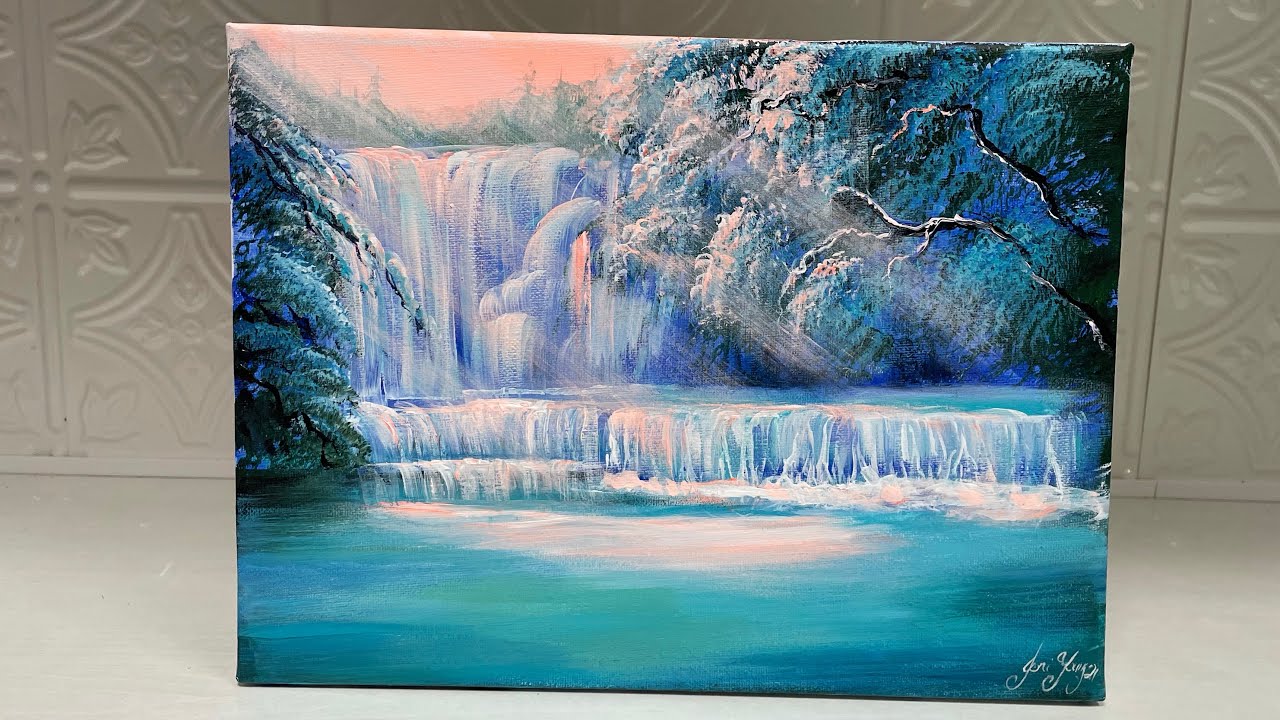 How To Paint WATERFALLS IN WINTER  WITH SUN RAYS / acrylic painting tutorial
