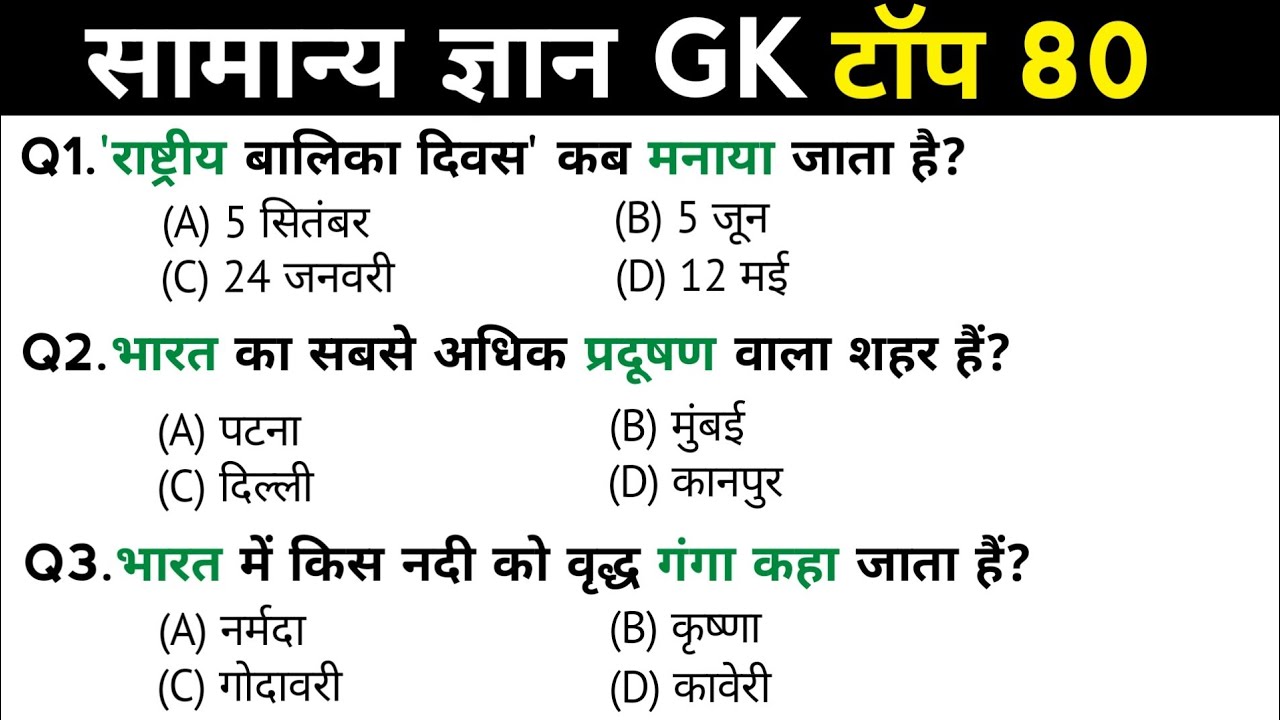 सामान्य ज्ञान | General Knowledge | Top 80 Gk GS questions | SSC GD, MTS, RPF, CRPF | GK quiz