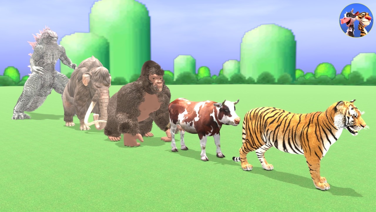 Funny Farm Animals Painting Tiger Cow Mammoth Gorilla Godzilla, Fountain Crossing Transforms