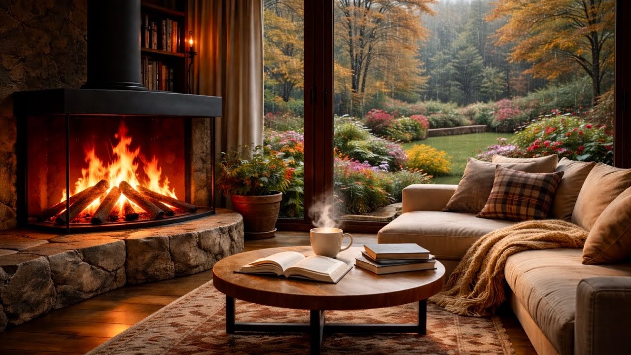 🔥 Fireplace Sounds & Soft Piano for Sleep & Relax | Cozy Rainy Autumn Garden Cabin 🍂 3 Hours