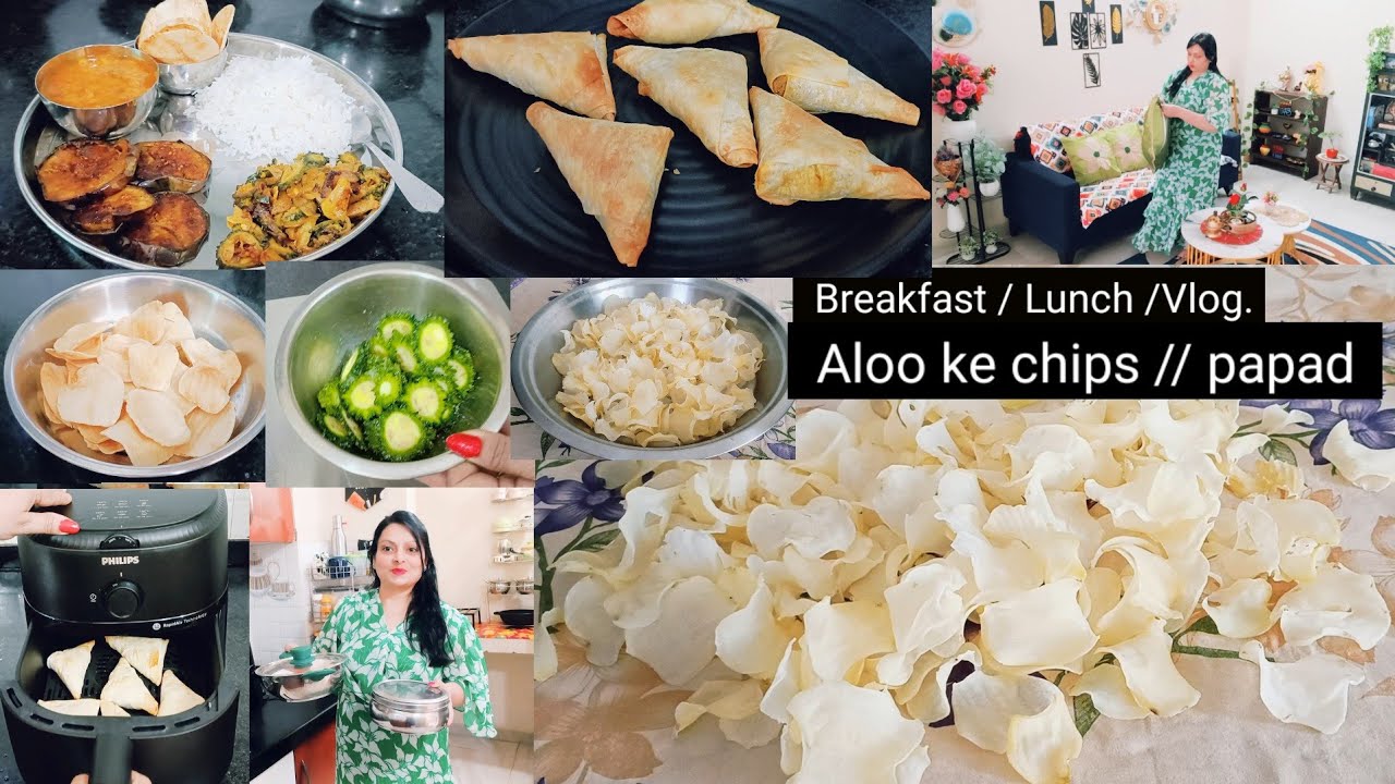 MORNING TO AFTERNOON ROUTINE/AIR FRYER RECIPE ❤️ LESS OIL SAMOSA , HOMEMADE ALOO CHIPS ,VEG THALI