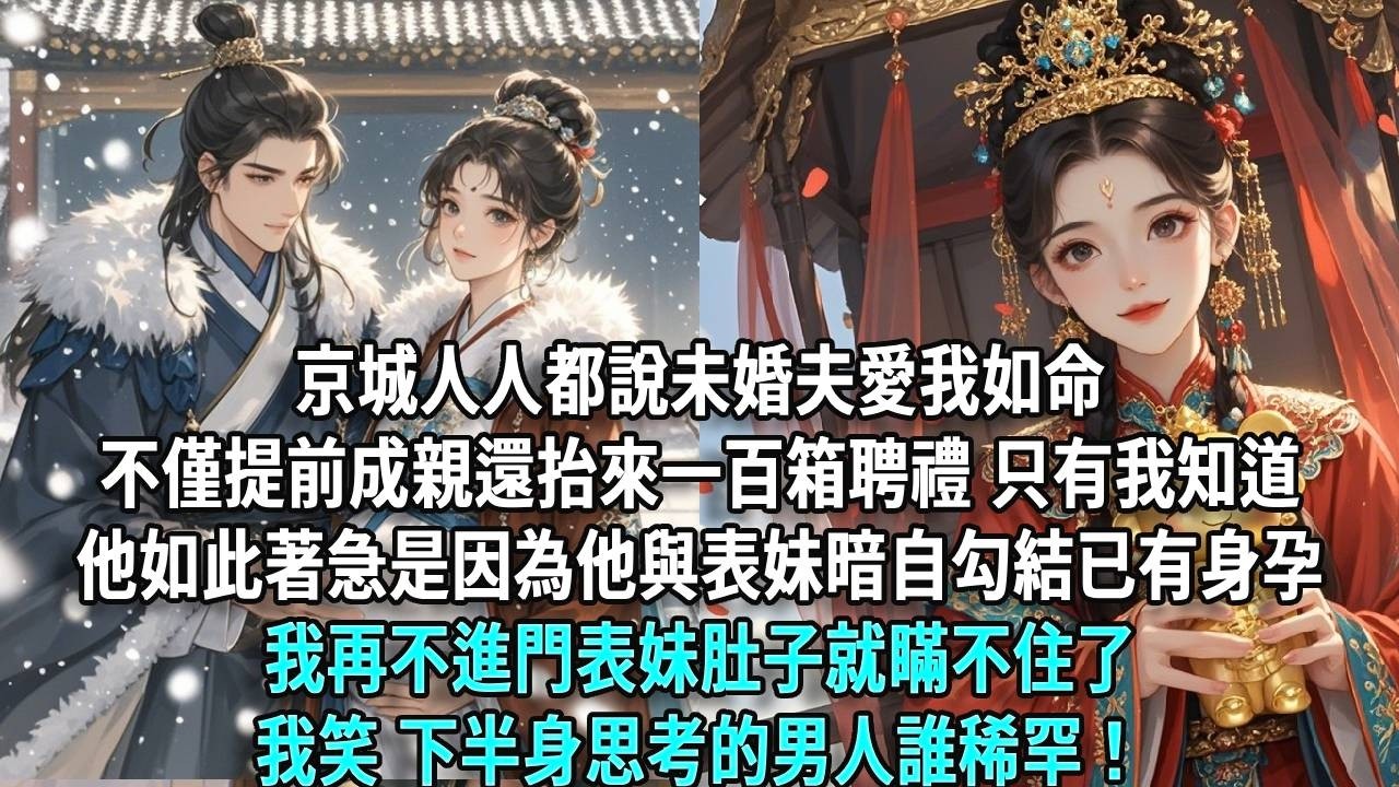 京城人人都說未婚夫愛我如命，不僅提前成親還抬來一百箱聘禮，只有我知道他如此著急是因為他與表妹暗自勾結已有身孕，我再不進門表妹肚子就瞞不住了，我笑，下半身思考的男人誰稀罕！