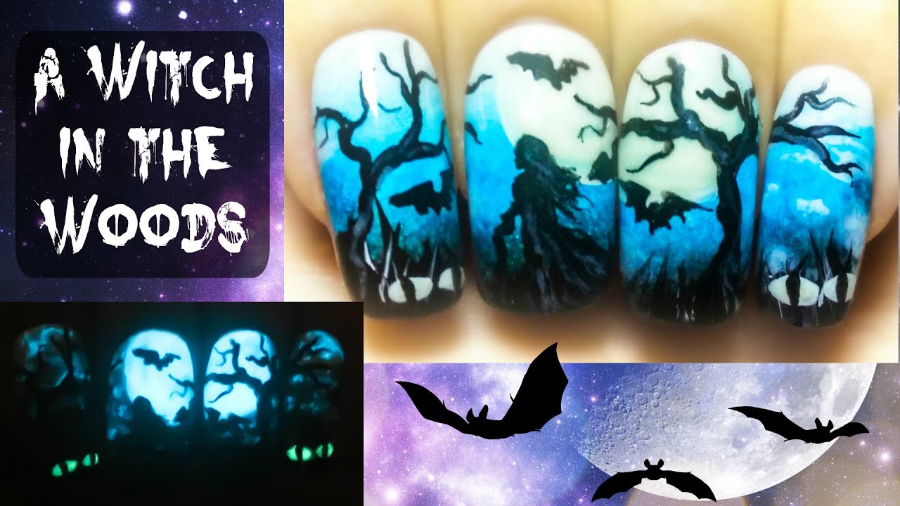 A Witch in the Woods ⎮  Halloween Glow in the Dark Freehand Nail Art Tutorial