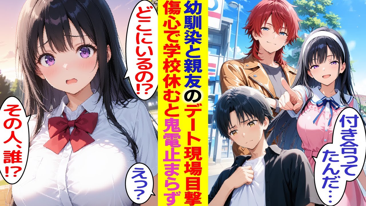 【漫画】幼馴染と親友のデート現場を目撃…傷心で学校を休んだら「どこにいるの！？」鬼電が止まらない【胸キュン漫画】【恋愛漫画】【AI漫画】