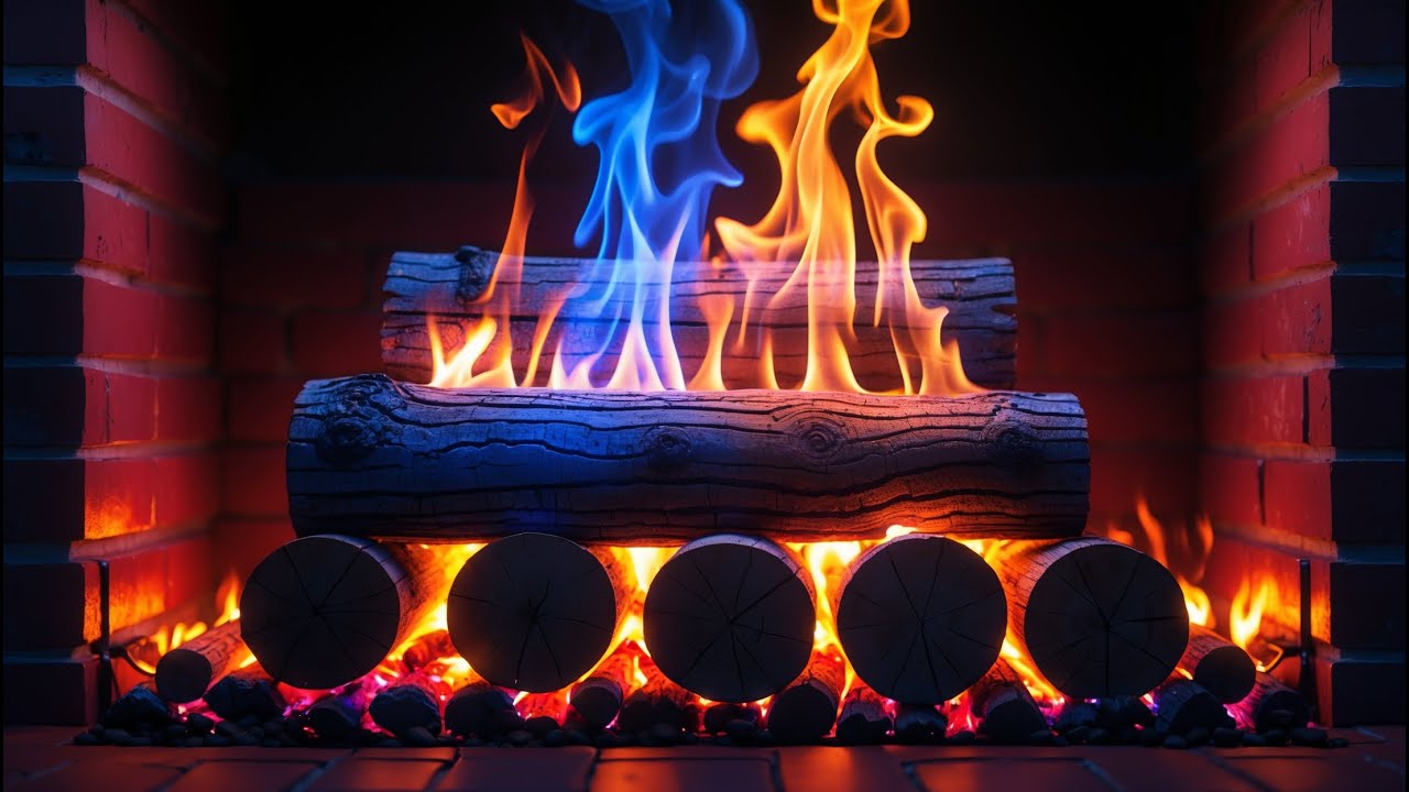 Peaceful Nights & Warm Glow – 12H Blue-Orange Flames Above Logs with Soft Crackling Ambience