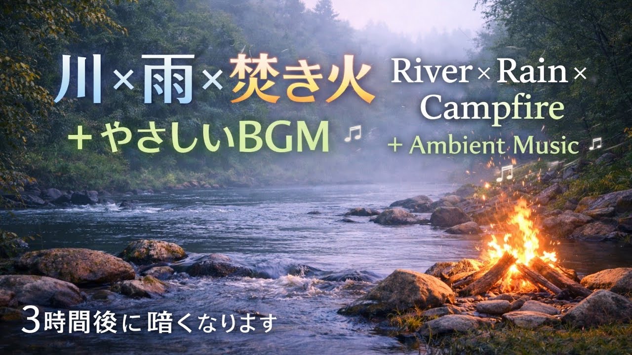 【8時間】焚き火と雨と川の音｜睡眠用・作業用BGM｜Campfire, Rain & River Sounds for Deep Sleep 