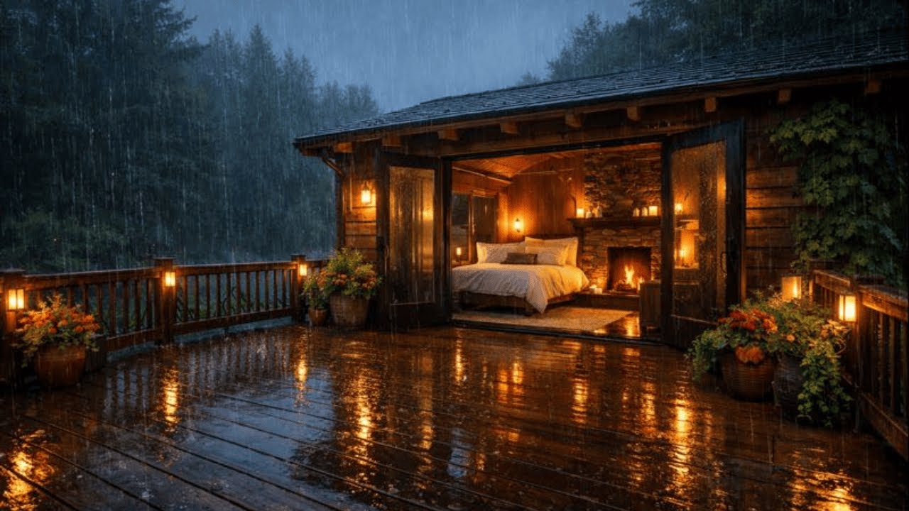 Rain Sounds on a Cozy Cabin Deck 🌧️ Fireplace Ambience for Deep Sleep, Study & Stress Relief