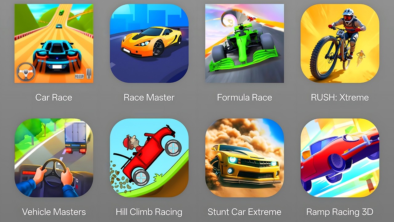 Car Race, Race Master, Formula Race, RUSH Xtreme, Vehicle Masters, Hill Climb Racing, Stunt Car