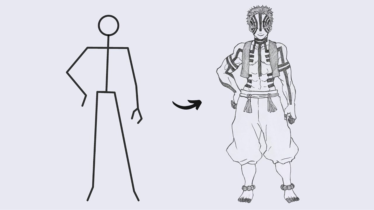 How to draw Akaza full body out of Stickman | Easy step-by-step