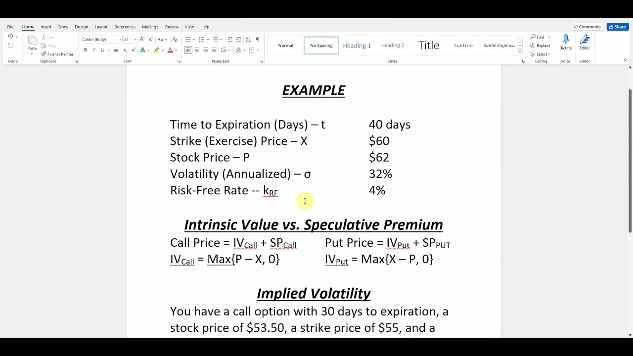 BS Option Pricing Model Spreadsheet Tutorial