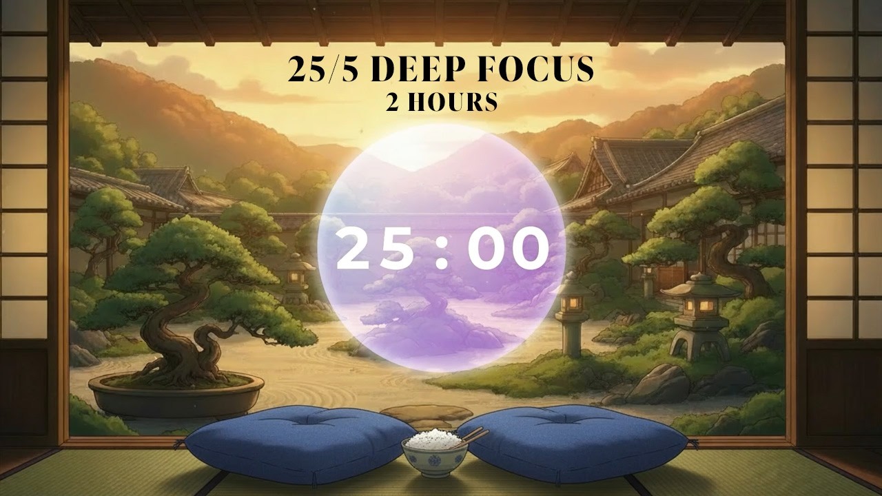 25/5 Pomodoro Timer ✨ Zen Japanese Garden [2 Hours] Bonsai, Tatami & Day-to-Night Transitions