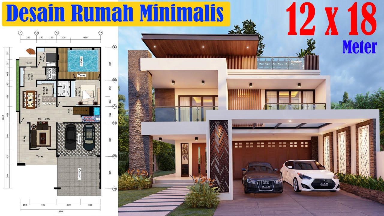 Desain Rumah Mewah 12x18, 2 Lantai Dengan Taman Rooftop Dan Kolam Renang