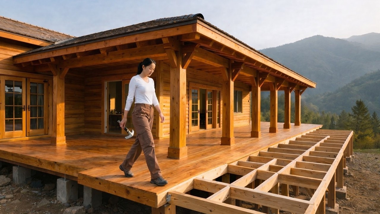 Girl Living Off-Grid &ndash; Building a Wooden House Alone in the Forest