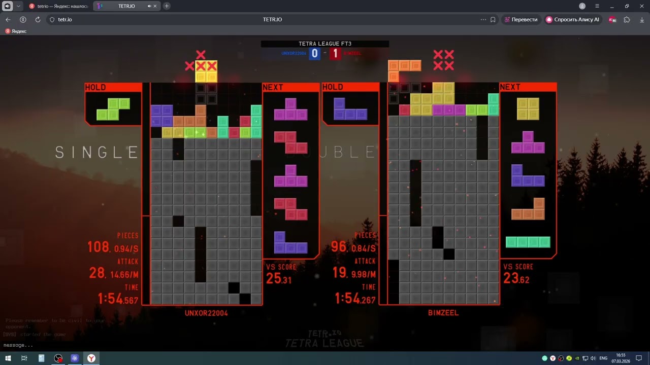 TETR.IO League: UNXOR22004 vs BIMZEEL (Rank B-, 5056 TR)