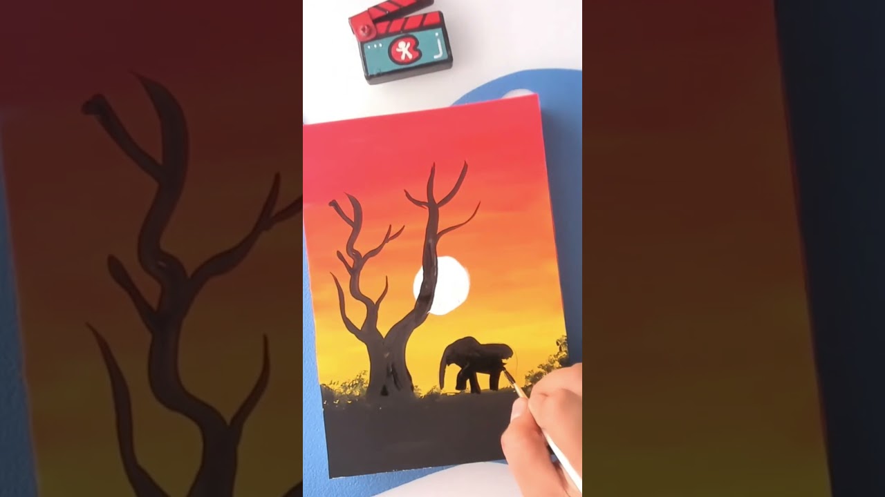 🎨COMO PINTAR UN ATARDECER SUPER FACIL /CÓMO PINTAR UN ATARDECER CON ELEFANTE 🐘 