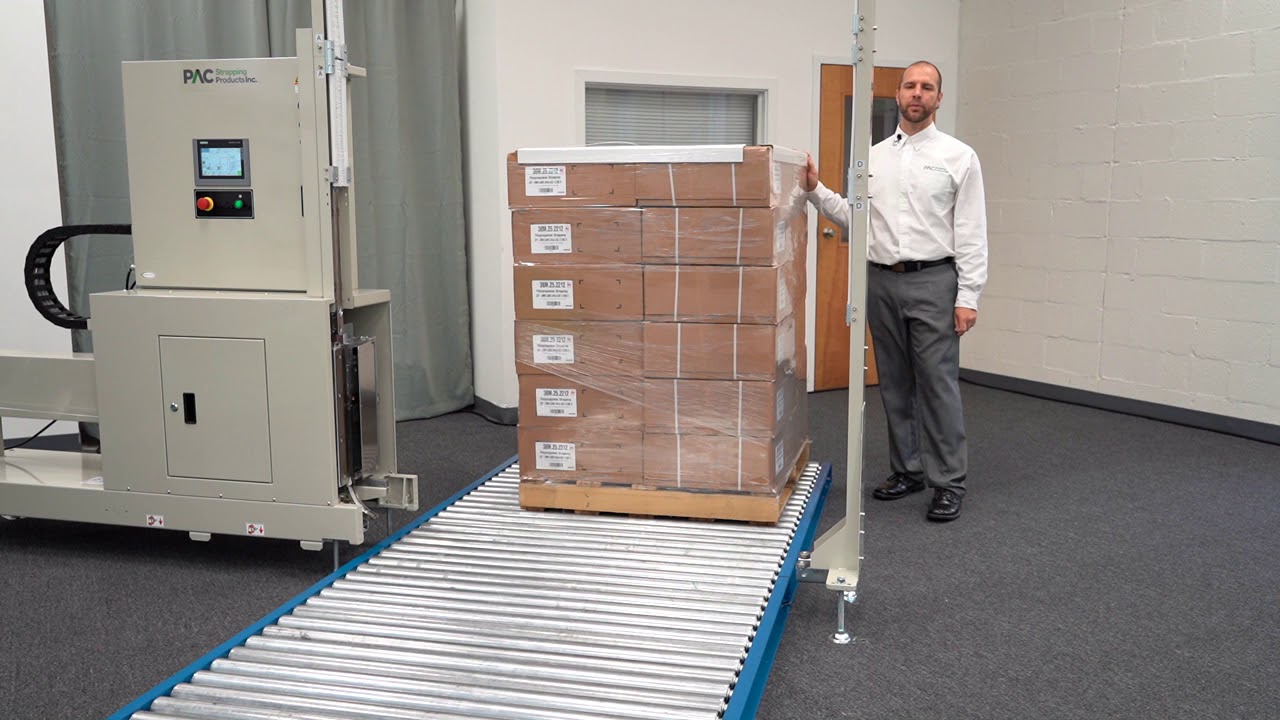 Vertical pallet strapping machine for PMMI show