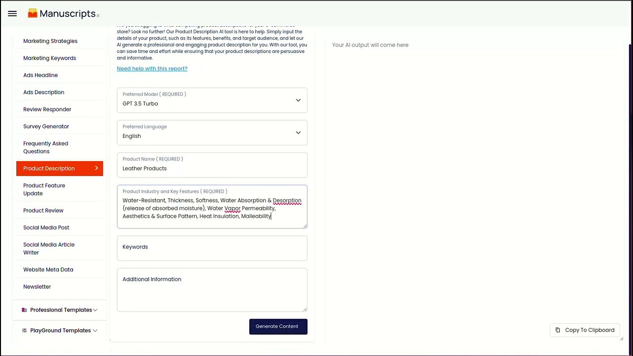 Manuscripts.ai - How To Run A Product Description Report Via AI Tools?