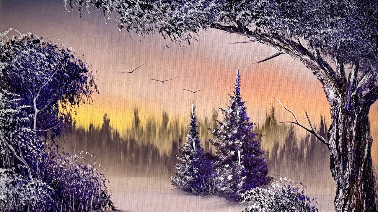 Winter Forest Landscape painted on White Canvas #PaintWithJosh #paintingtutorial #BobRoss