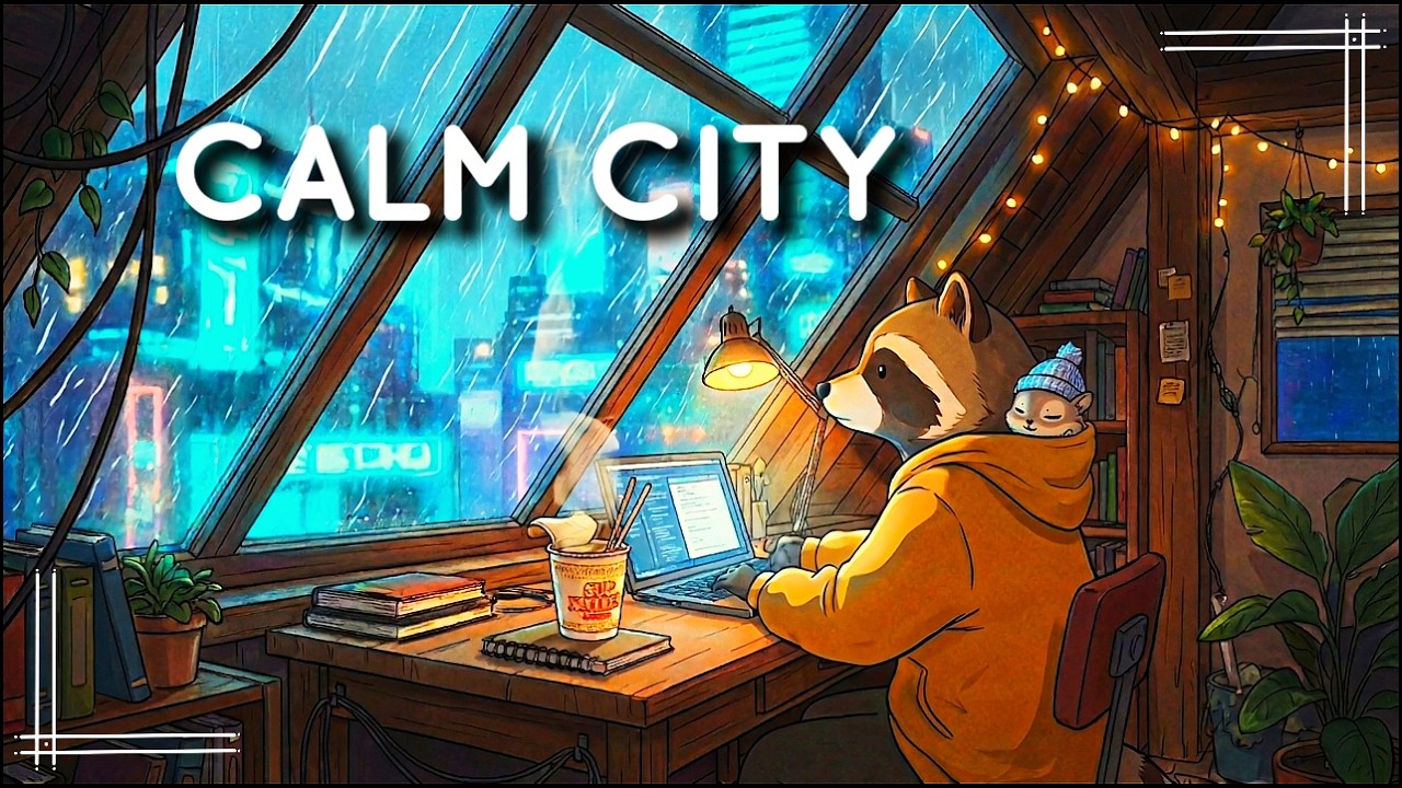Midnight in the Neon Attic 🦝 | Rainy Lofi for Focus & Study