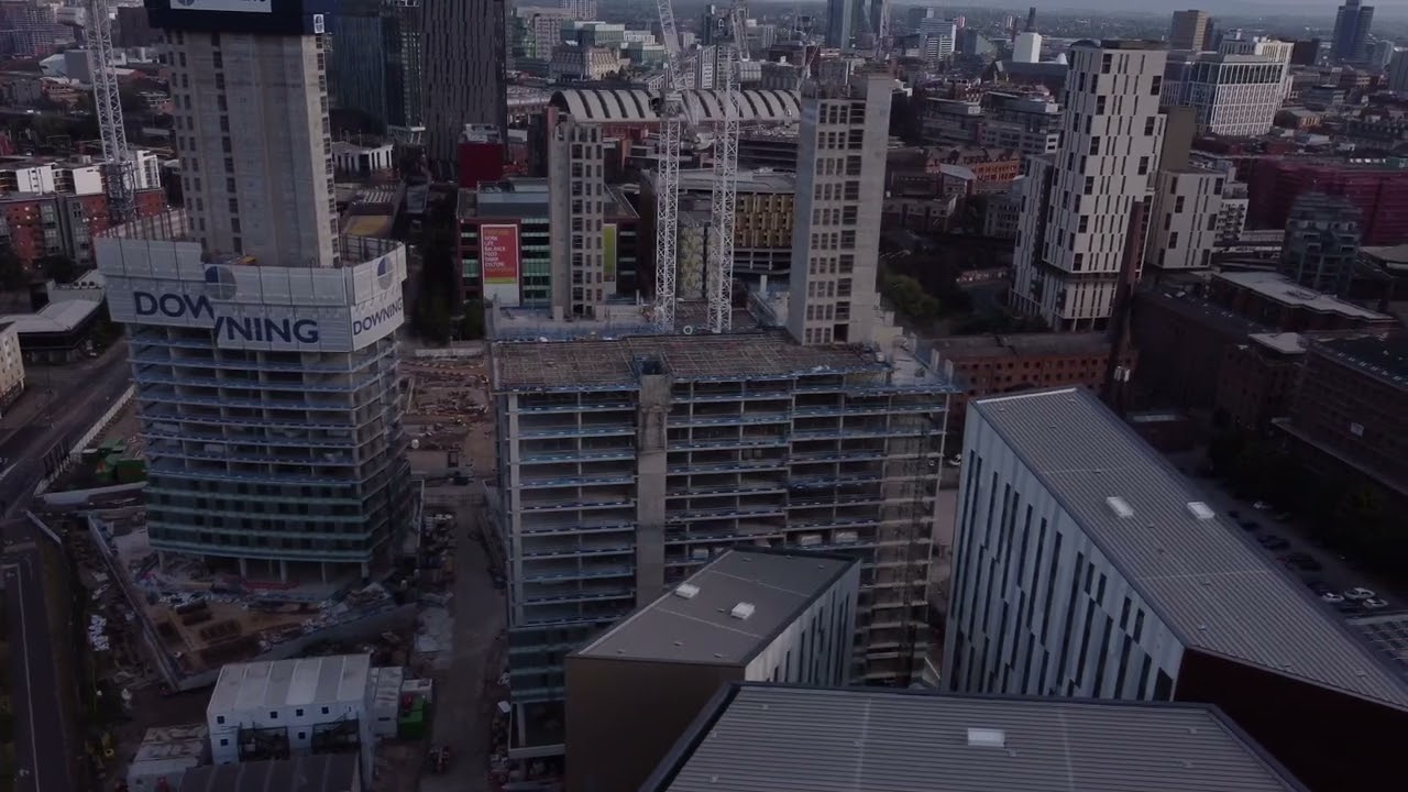 Aerial view of early morning First Street development. Drone footage