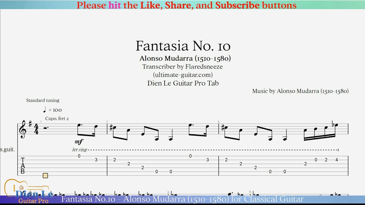 Fantasia No.10 - Alonso Mudarra (1510-1580) for Classical Guitar with TABs