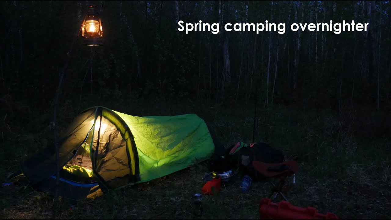 Spring camping solo overnighter with simple gear .