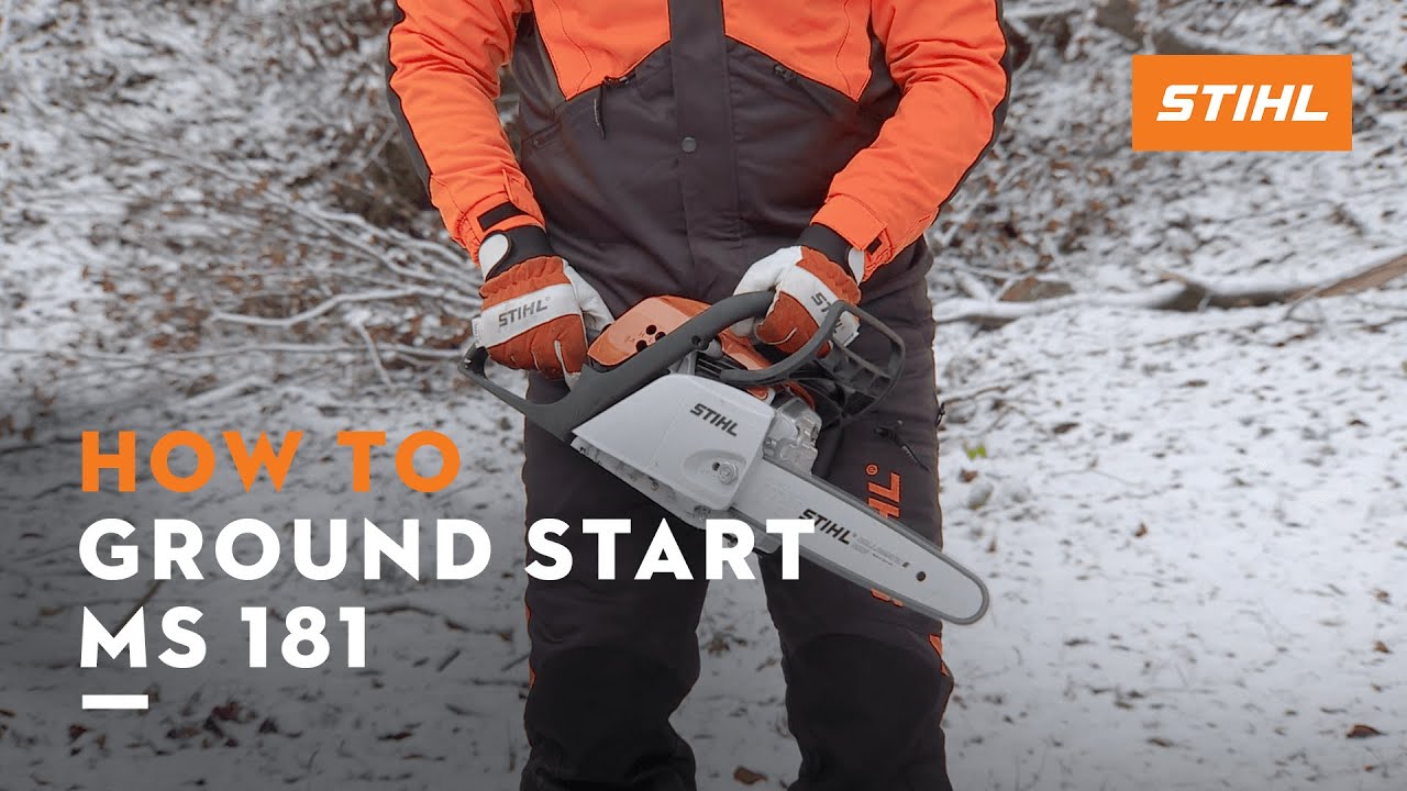 STIHL MS 181 ꘡ How to ground start using chainsaw with choke | Instruction