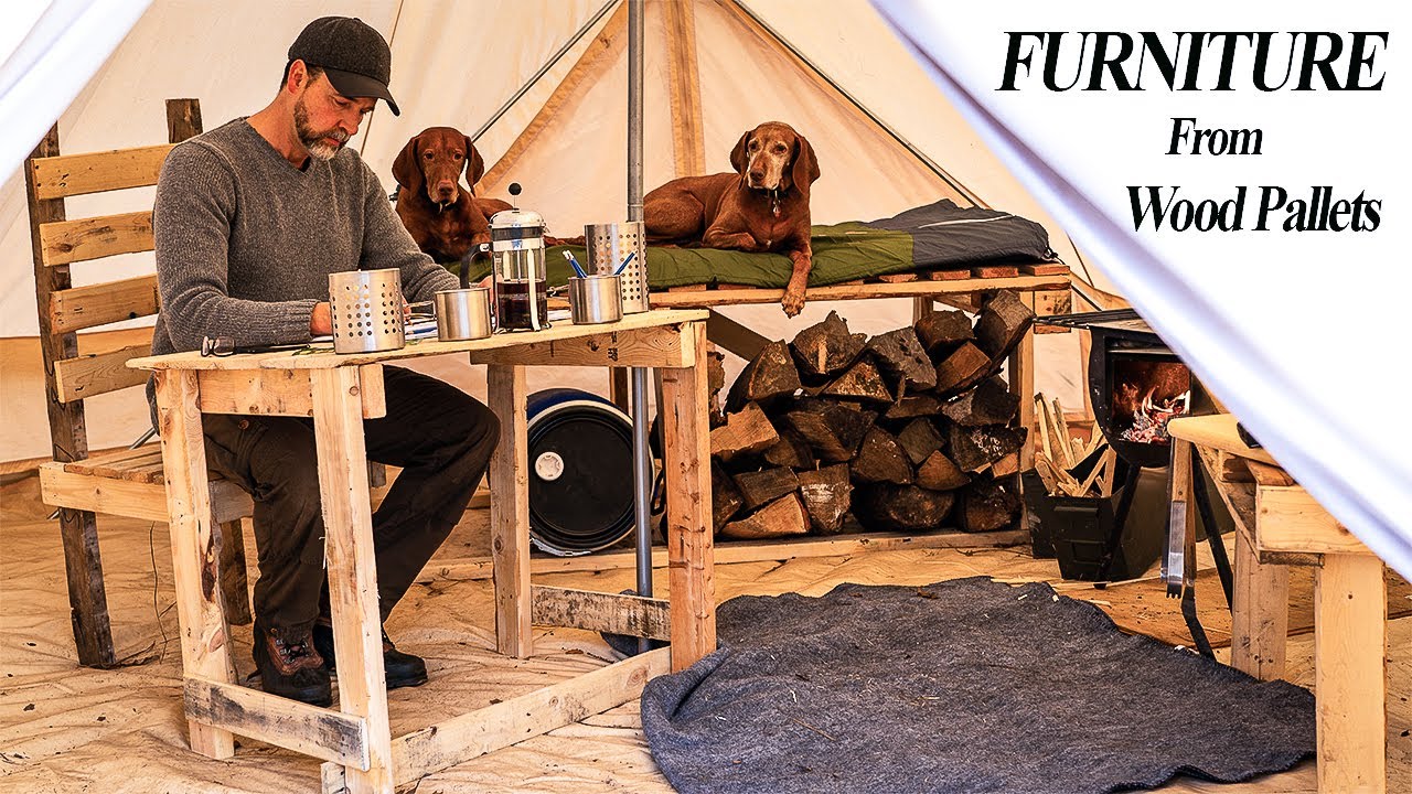 DIY Complete Off-Grid Furniture Build using Free Wood Pallets - Living with my Dogs in a Canvas Tent