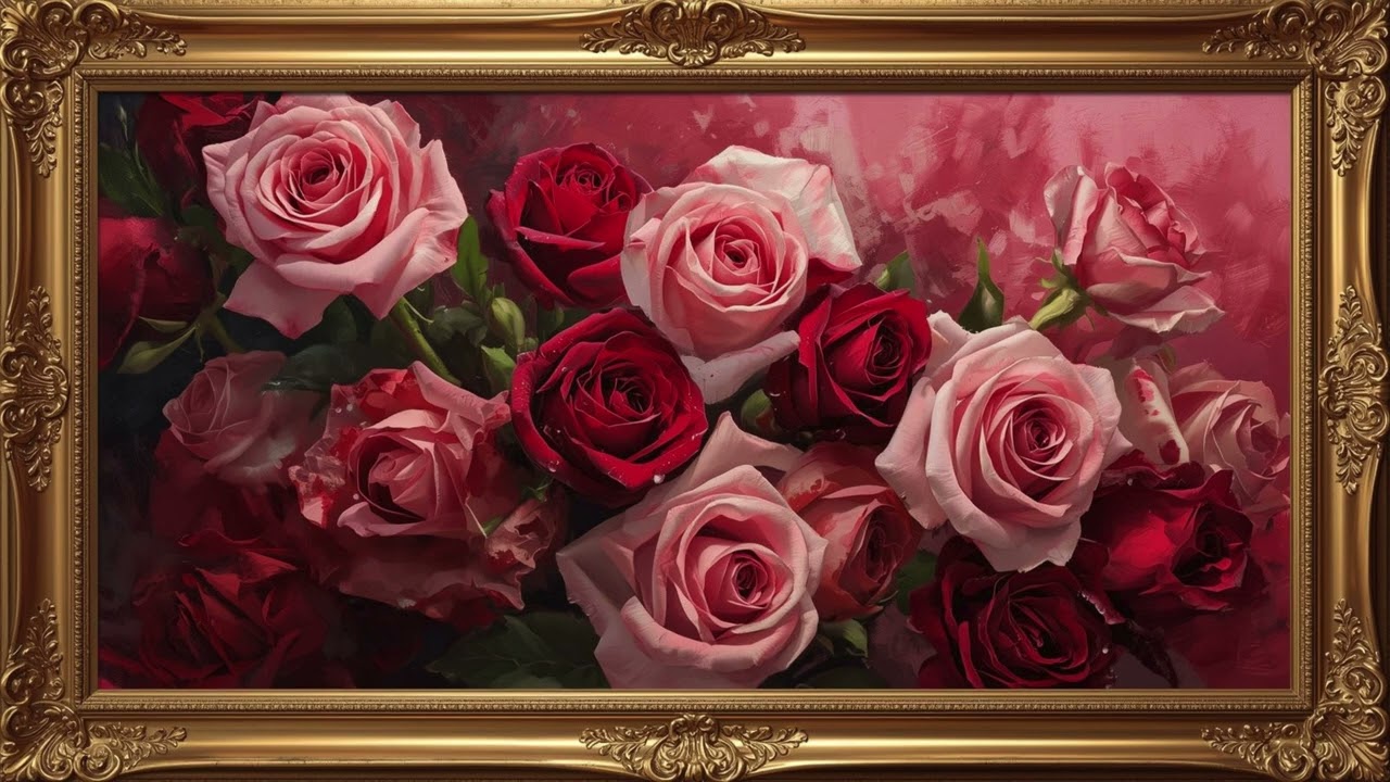 Romantic Red & Pink Roses Oil Painting🌹 4K Valentine’s Day Framed TV Art Screensaver Ambience Floral