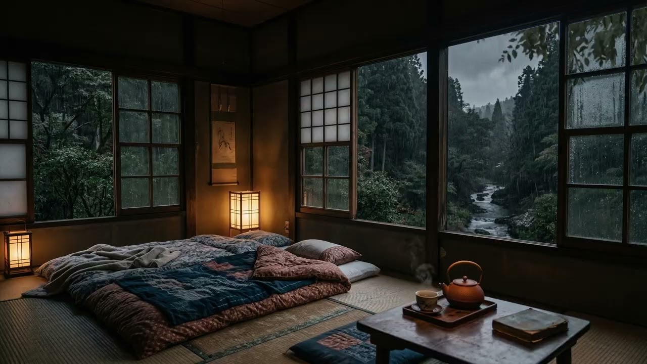 Soft Rain 🌦️ Along A Traditional Japanese Wooden Street With Lantern Light And Calm Atmosphere 🏮