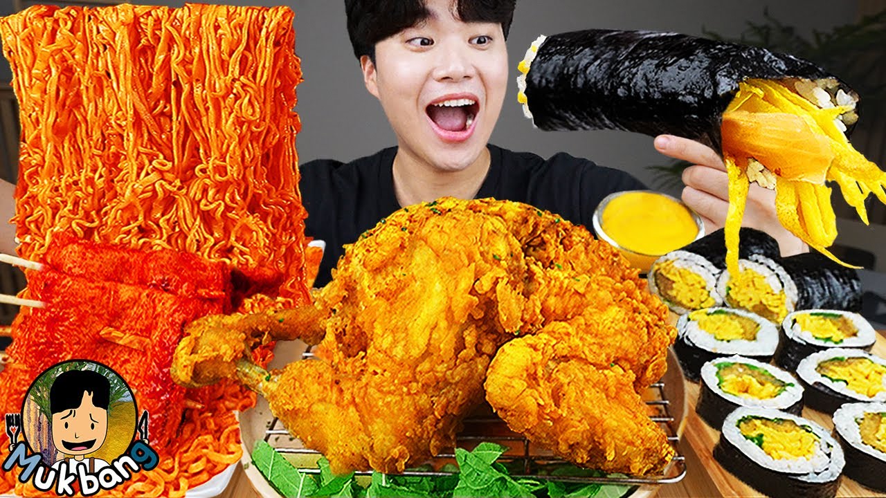 ASMR MUKBANG | Жареный цыпленок, яичный рисовый рулет, острая лапша, Кимбап Корейская еда