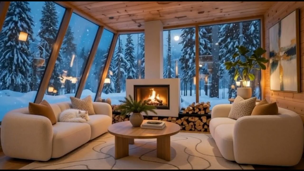 Cozy and quiet atmosphere in winter with a fireplace