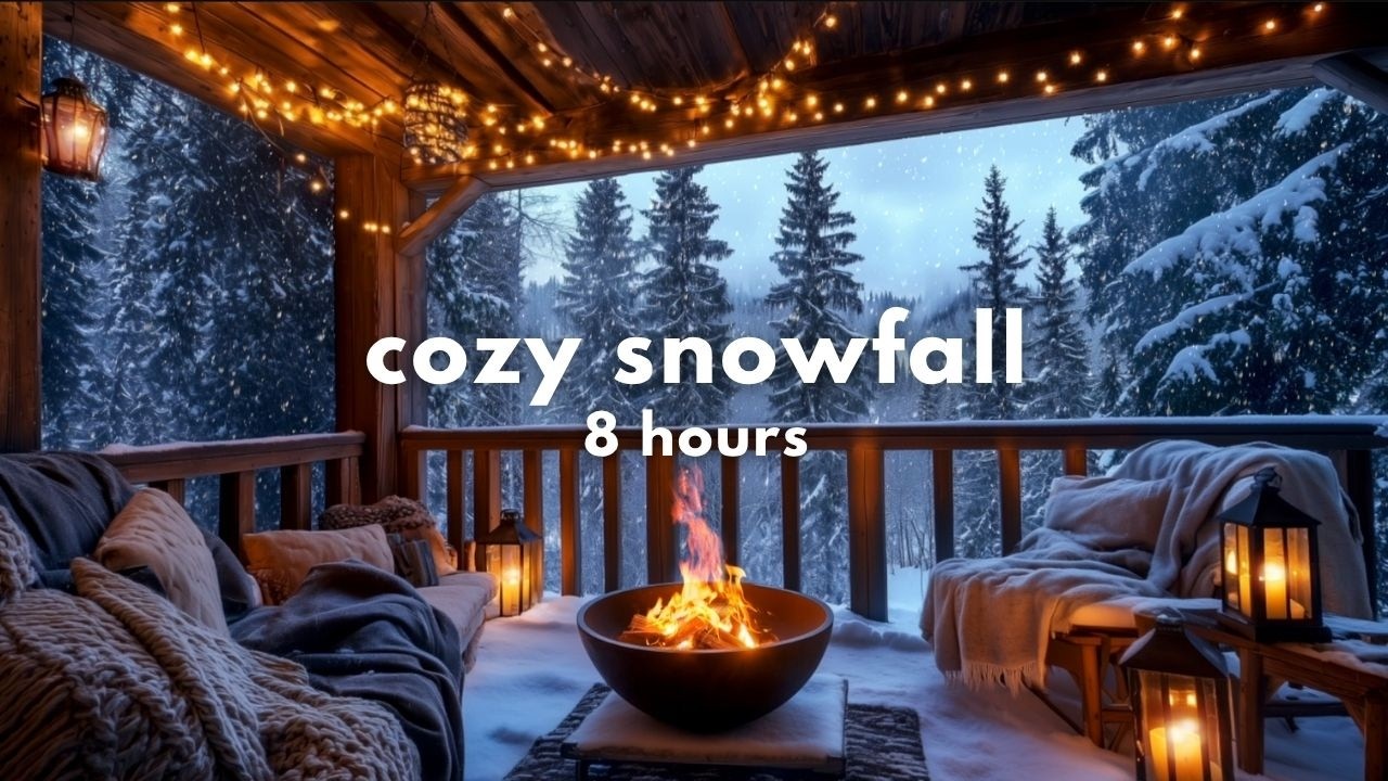 Christmas Porch Ambience ❄️ 8h Relaxing Snowfall and Fire Sounds for a Cozy Winter