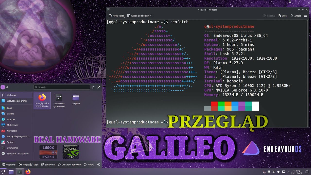 Przegląd Linux EndeavourOS GALILEO 20.11.23 Koniec pulpitu XFCE i wersji społeczności Real hardware