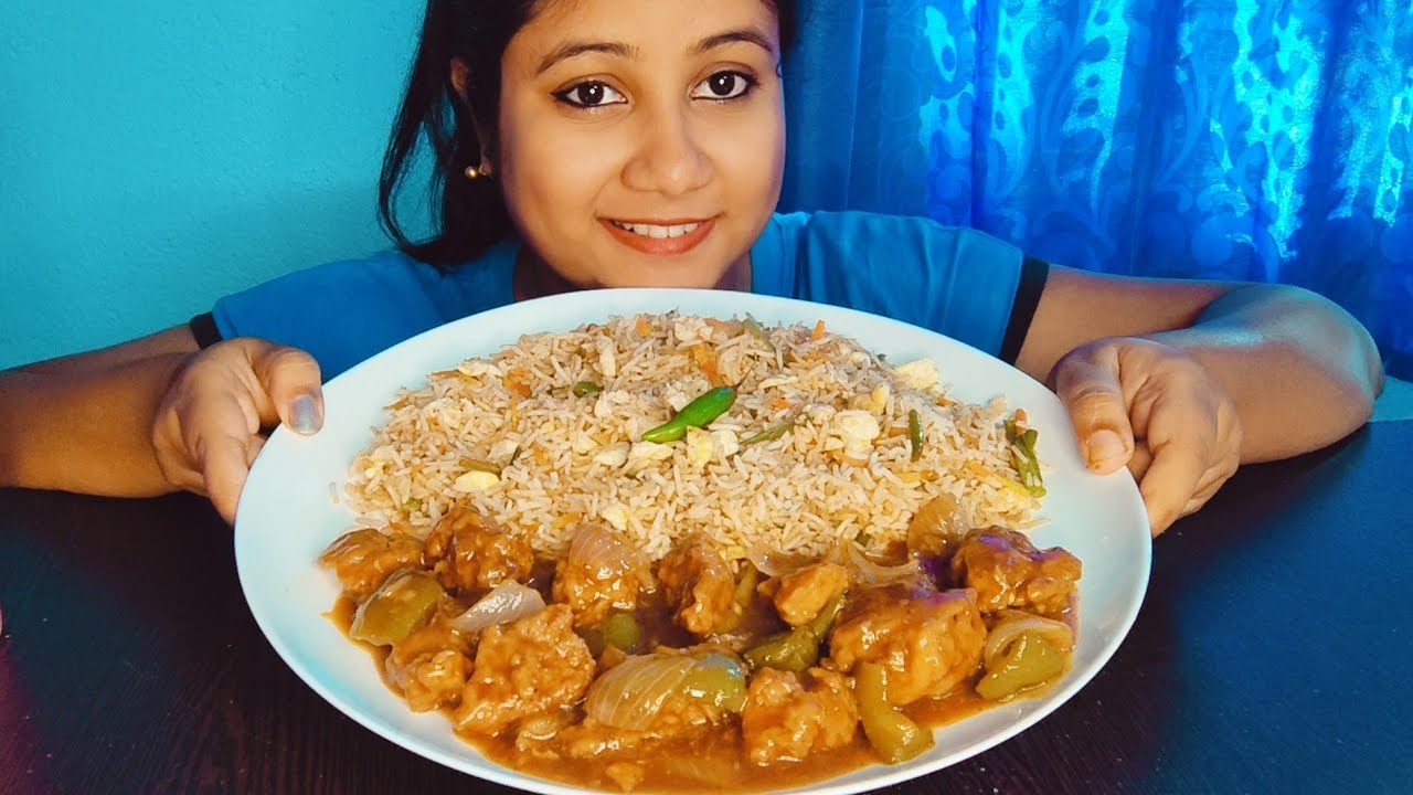 Egg fried rice, chilli chicken, eating show