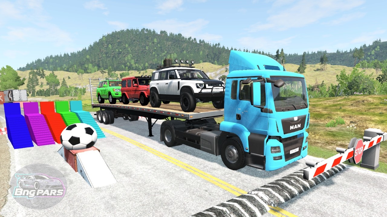 Flatbed Trailer McQueen Transportation with Truck - Speedbumps vs Cars vs Train - BeamNG.Drive #7