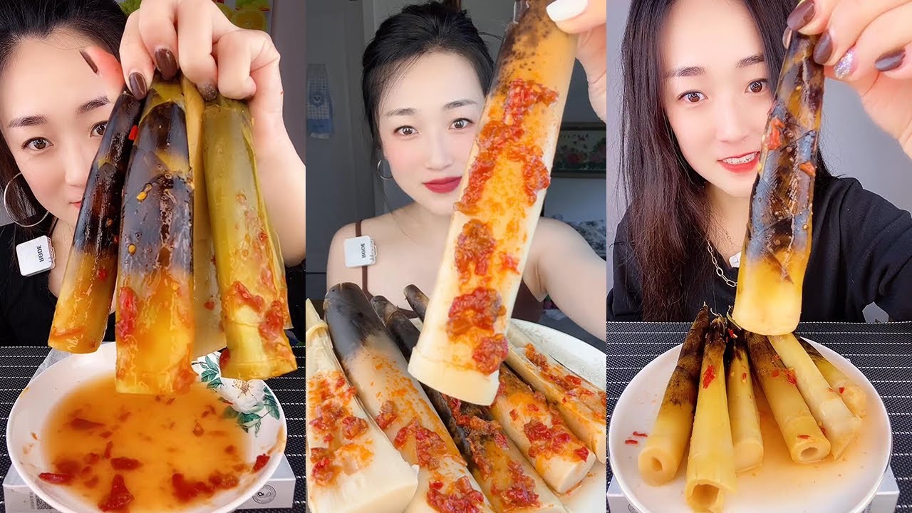 【Yummy】Hand peeled bamboo shoots with pickled peppers🌶#mukbang#asmr