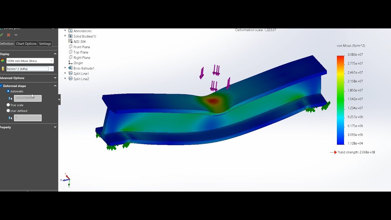 SIMULATION OF I BEAM IN SOLIDWORK (Displacement-factor of safety)