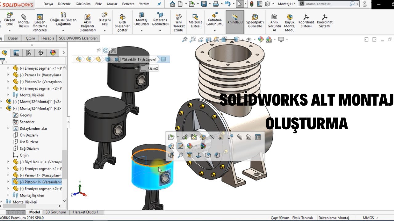 SOLİDWORKS ALT MONTAJ OLUŞTURMA Örnek Uygulama(Tek Pistonlu Motor Tasarımı) #solidworks