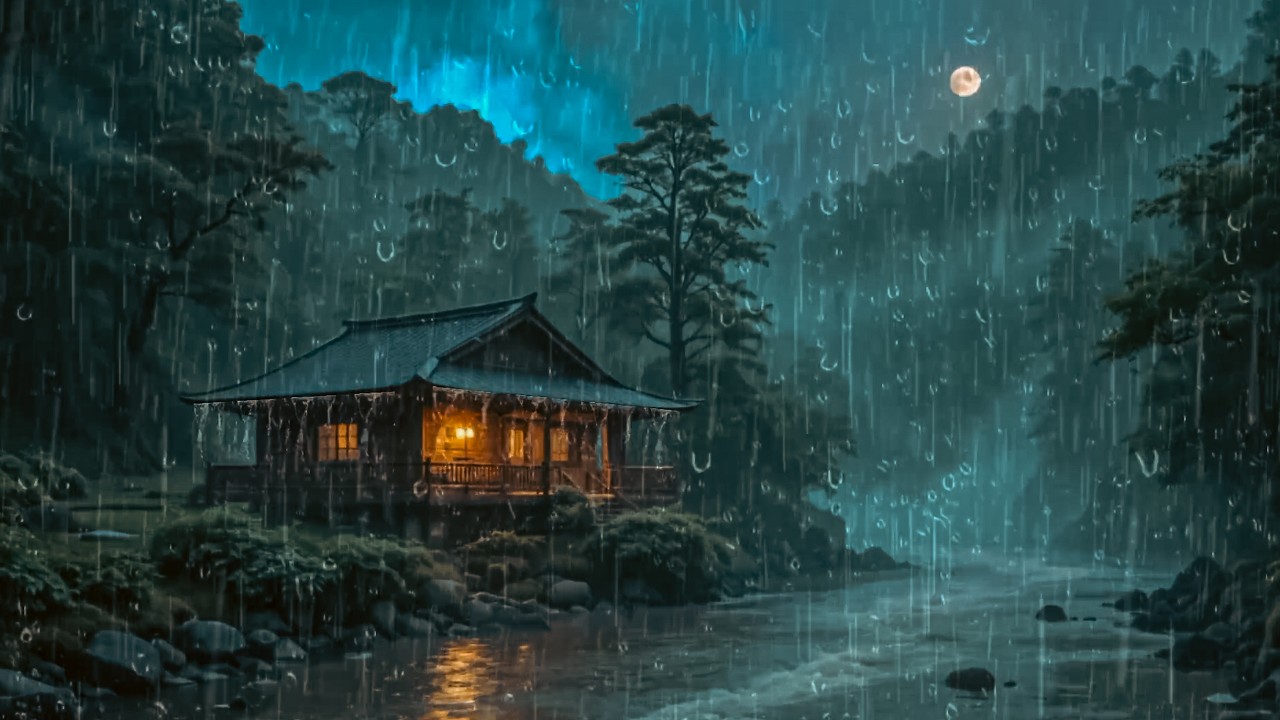 Rain Sound for Sleeping Night Cabin Ambience Relaxing River Sounds for Deep Sleep & Relaxation