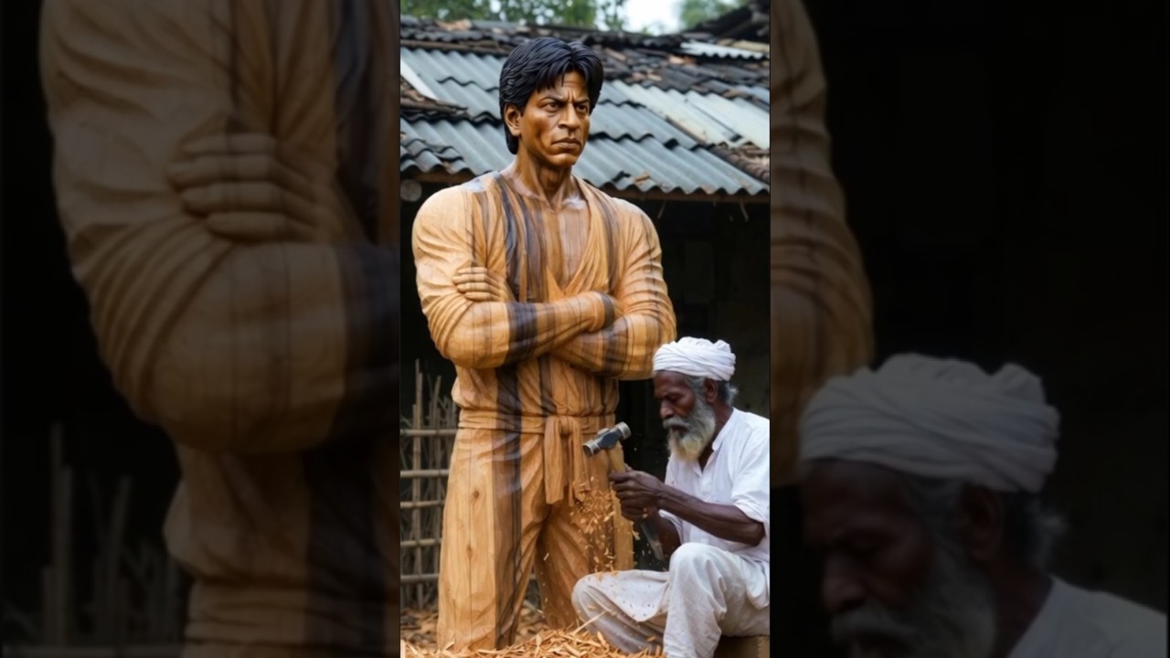 A Hyper-realistic wooden sculpture of Shahrukh Khan.with the woodcarver at work.