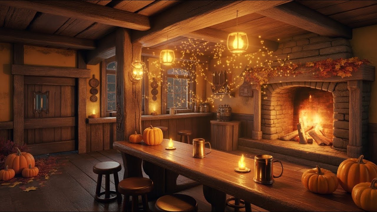 Cozy Medieval Tavern Ambience | Fall Aesthetic, Pumpkins & Crackling Fireplace | Sleep & Relaxation