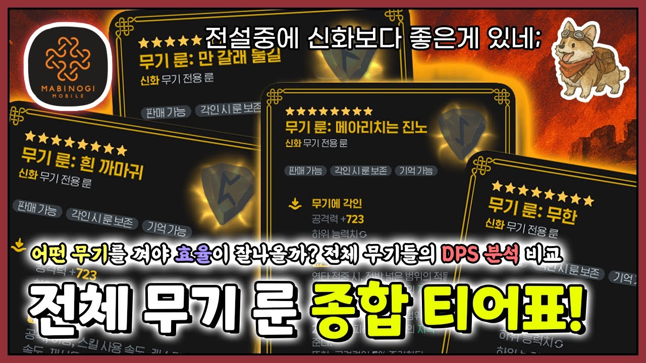 마비노기 고인물이 말아주는 전설&신화 무기 룬 통합 티어표!! 이번엔 효율을 계산해서 티어를 나눠보았습니다~. [마비노기 모바일]