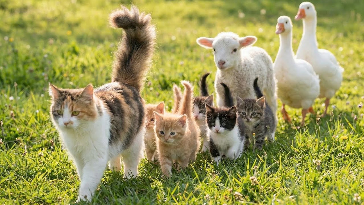 A mother cat leads her kittens and farm animals for a walk - Cat sounds - Cat videos