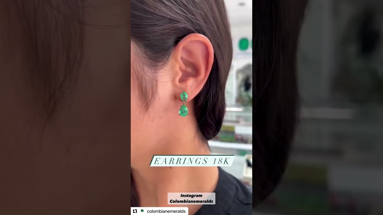Trendy 6.56tcw Vivid green Pear Emerald Dangle Stud 18K Yellow Gold Earrings gift presents