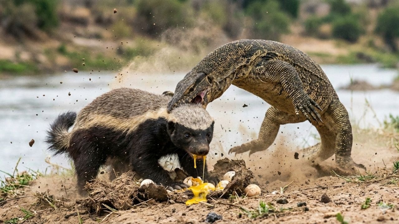 A Honey Badger Steals Eggs from a Nile Monitor Lizard &mdash; and Pays the Price